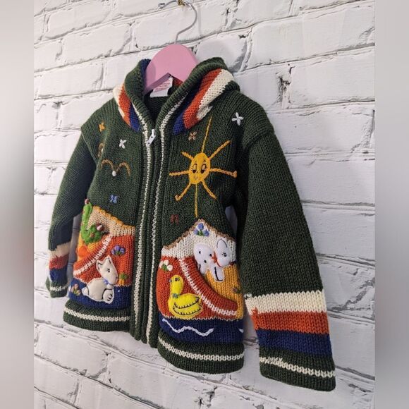 Kids Wool blend embroidered sweater made in peru. Green/animals size 2 - Picture 4 of 9